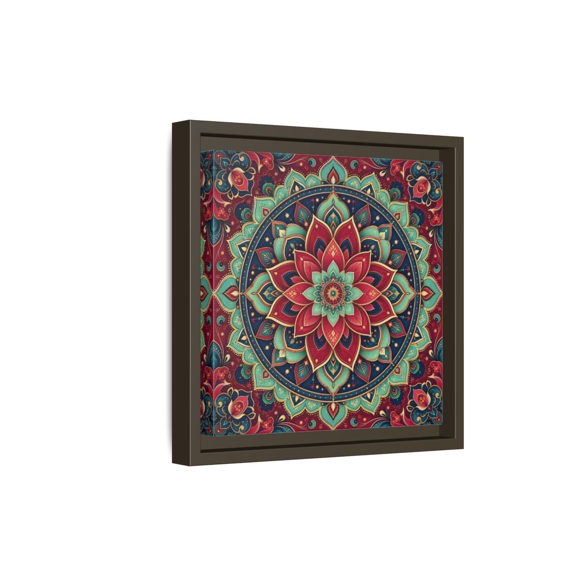 Floral Mandala Red Teal Framed Canvas Print Wall Art – Bohemian Living Room, Above Console Table - YesArtYes