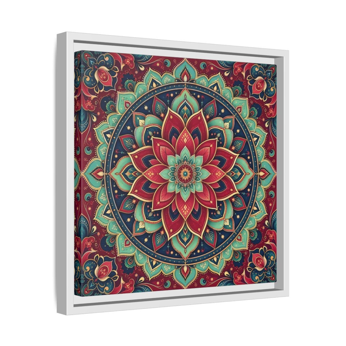 Floral Mandala Red Teal Framed Canvas Print Wall Art – Bohemian Living Room, Above Console Table - YesArtYes