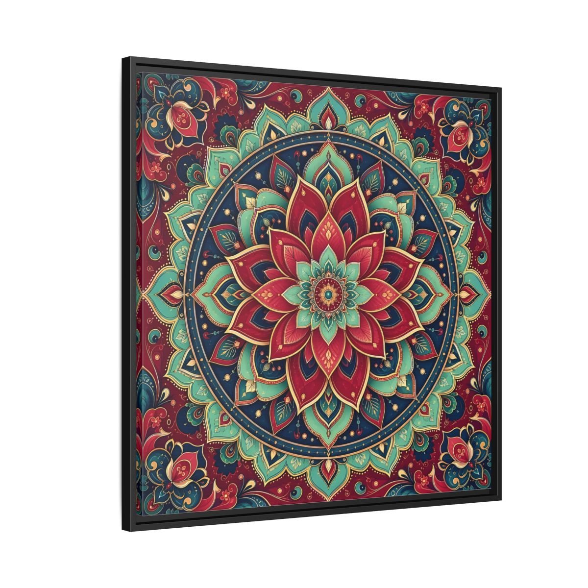 Floral Mandala Red Teal Framed Canvas Print Wall Art – Bohemian Living Room, Above Console Table - YesArtYes