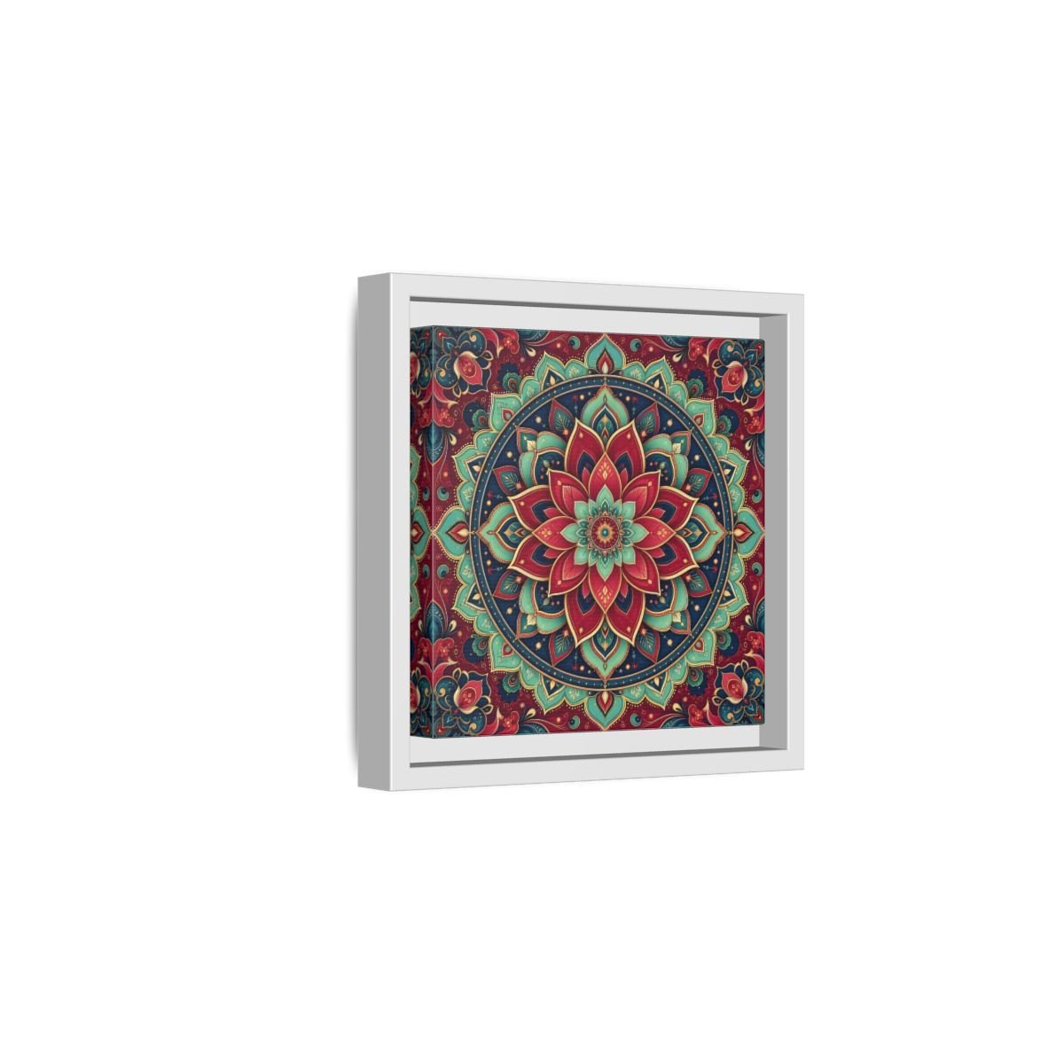 Floral Mandala Red Teal Framed Canvas Print Wall Art – Bohemian Living Room, Above Console Table - YesArtYes