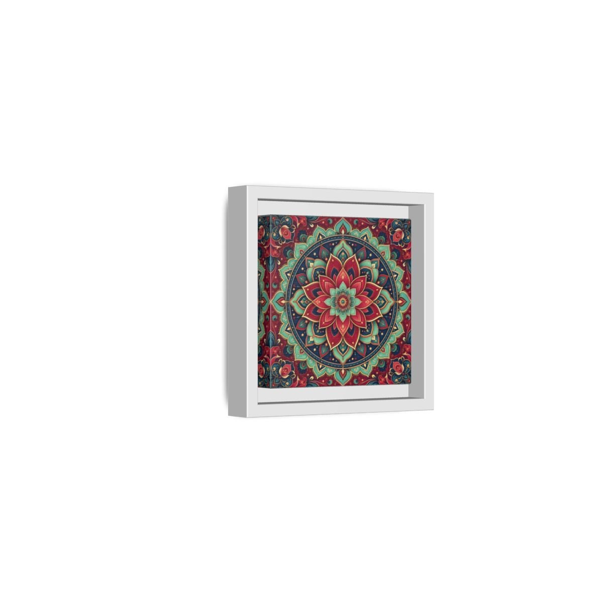 Floral Mandala Red Teal Framed Canvas Print Wall Art – Bohemian Living Room, Above Console Table - YesArtYes