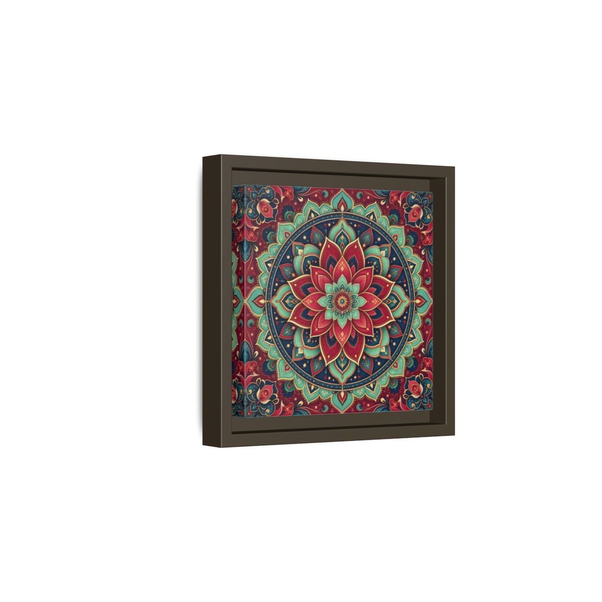 Floral Mandala Red Teal Framed Canvas Print Wall Art – Bohemian Living Room, Above Console Table - YesArtYes