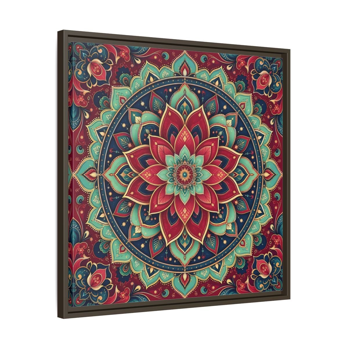 Floral Mandala Red Teal Framed Canvas Print Wall Art – Bohemian Living Room, Above Console Table - YesArtYes