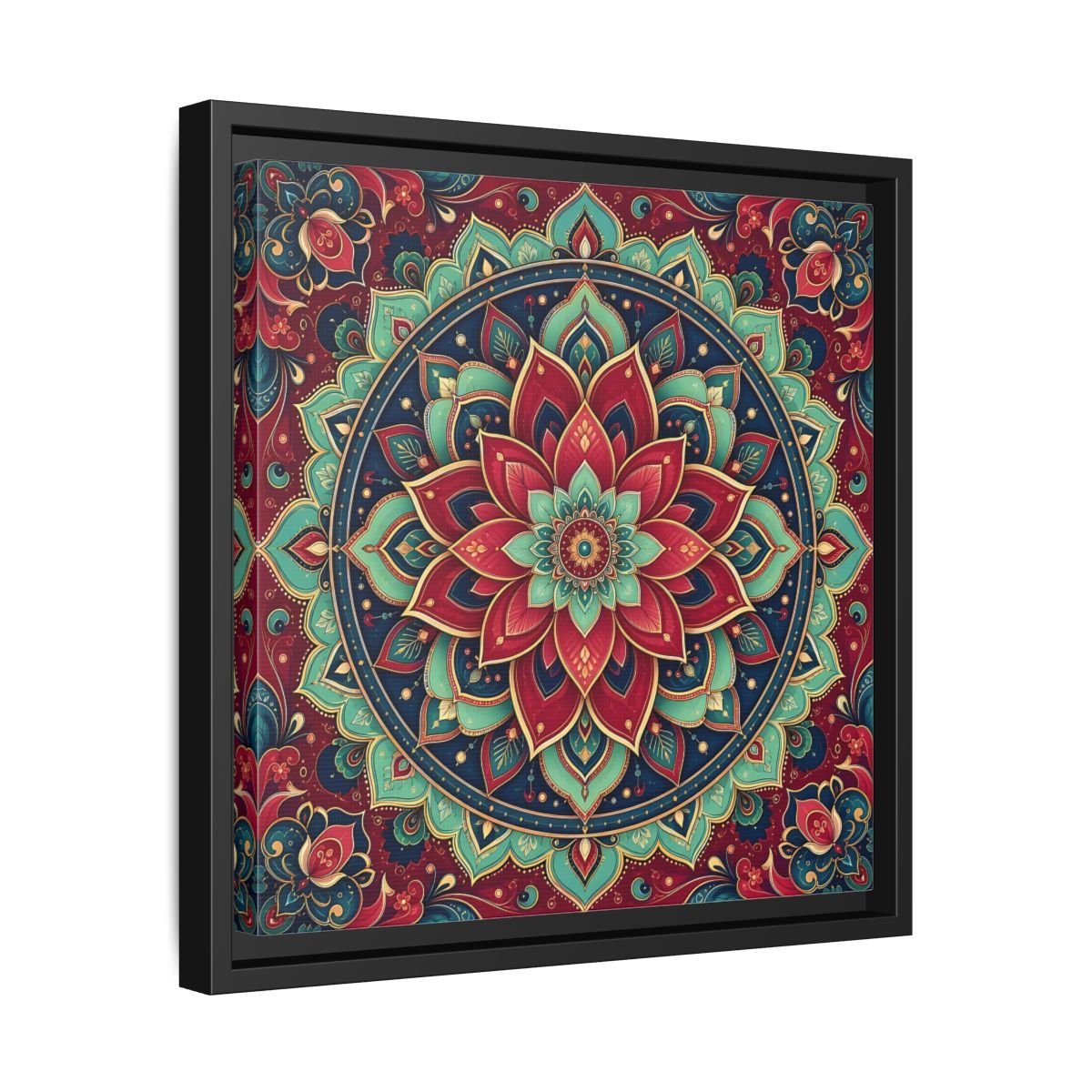 Floral Mandala Red Teal Framed Canvas Print Wall Art – Bohemian Living Room, Above Console Table - YesArtYes