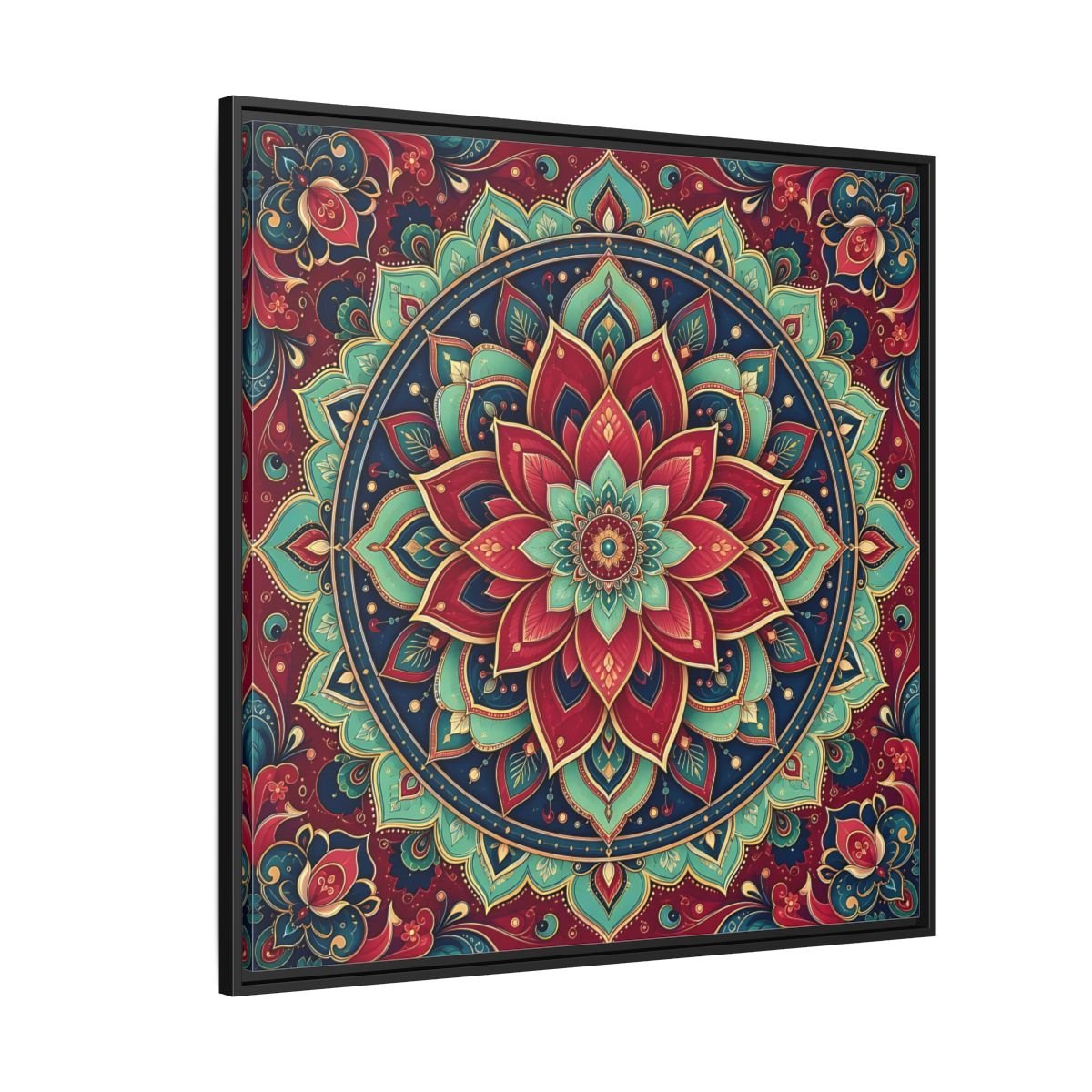 Floral Mandala Red Teal Framed Canvas Print Wall Art – Bohemian Living Room, Above Console Table - YesArtYes