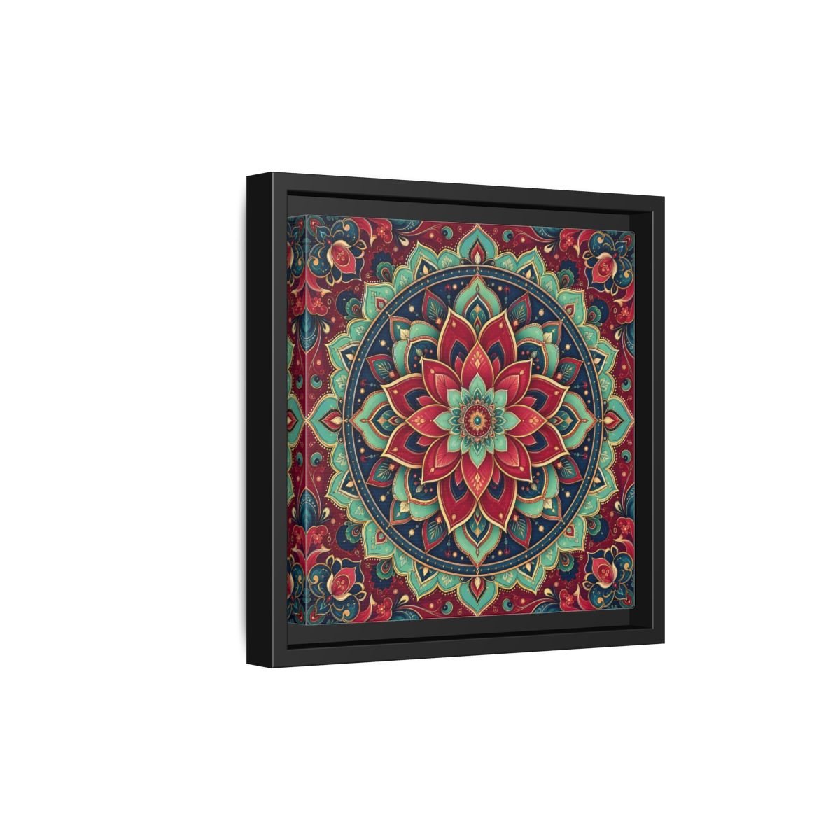 Floral Mandala Red Teal Framed Canvas Print Wall Art – Bohemian Living Room, Above Console Table - YesArtYes