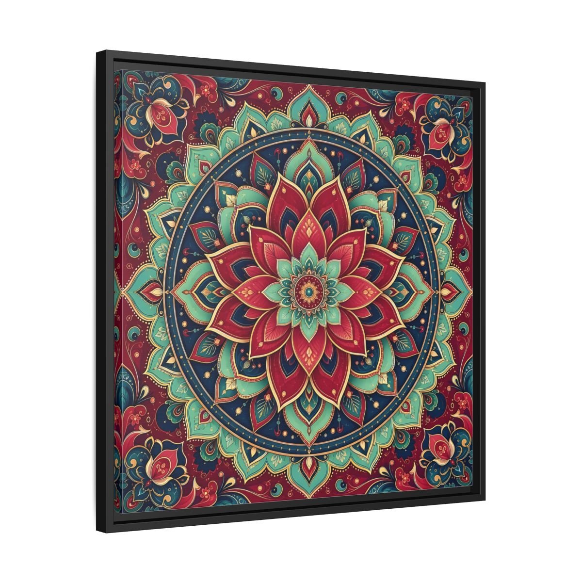 Floral Mandala Red Teal Framed Canvas Print Wall Art – Bohemian Living Room, Above Console Table - YesArtYes
