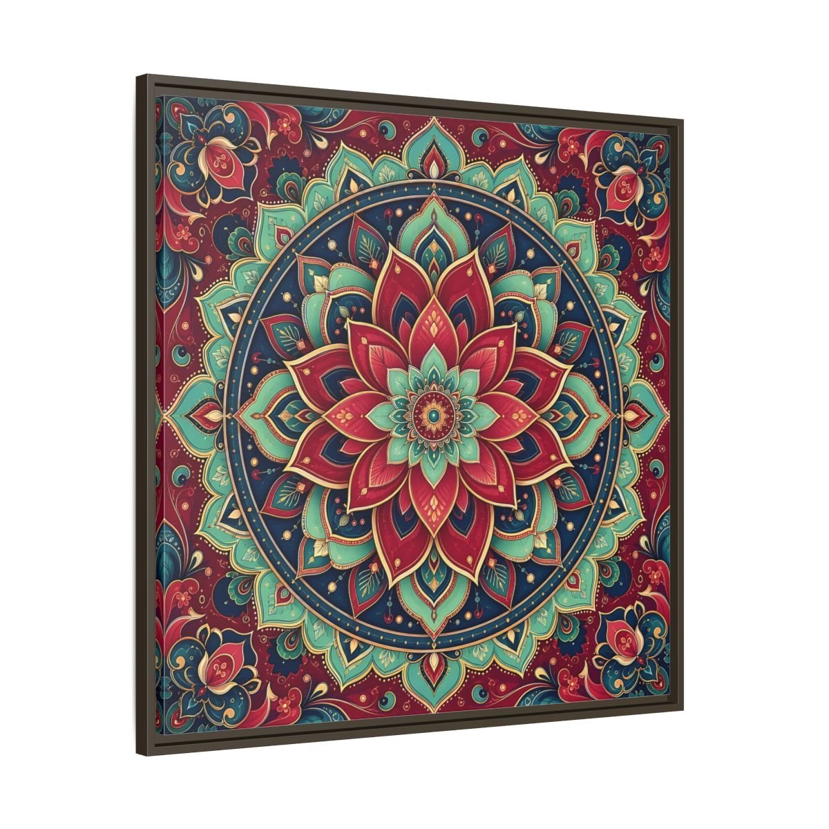 Floral Mandala Red Teal Framed Canvas Print Wall Art – Bohemian Living Room, Above Console Table - YesArtYes