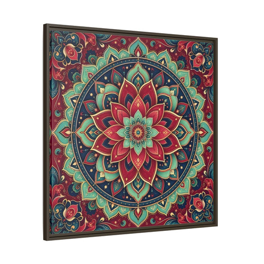 Floral Mandala Red Teal Framed Canvas Print Wall Art – Bohemian Living Room, Above Console Table - YesArtYes