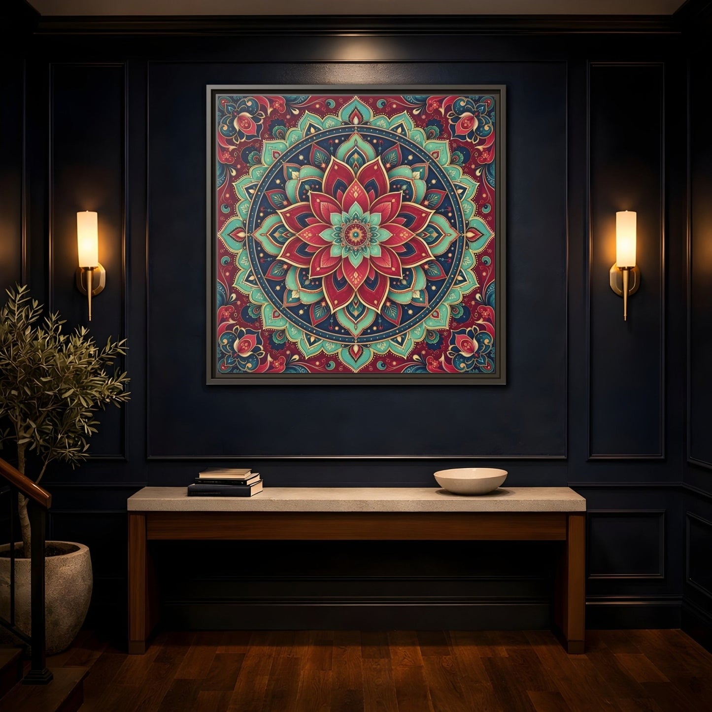 Floral Mandala Red Teal Framed Canvas Print Wall Art – Bohemian Living Room, Above Console Table - YesArtYes