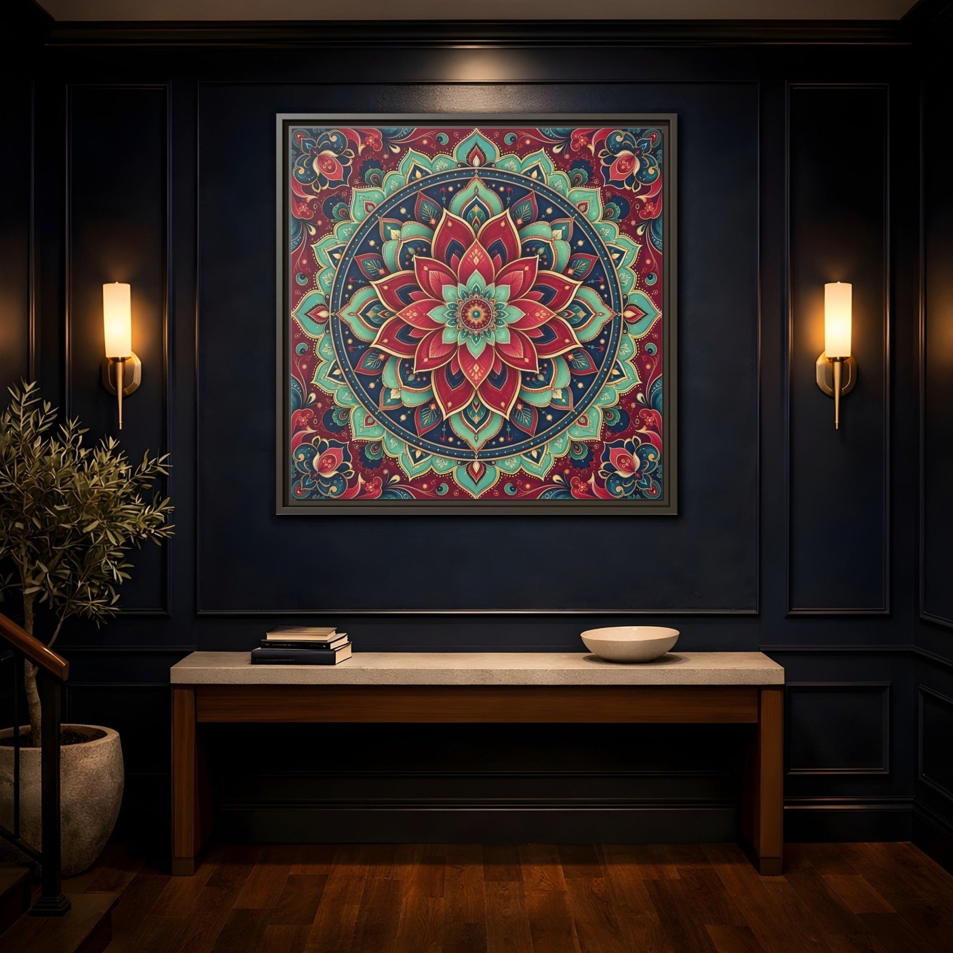 Floral Mandala Red Teal Framed Canvas Print Wall Art – Bohemian Living Room, Above Console Table - YesArtYes