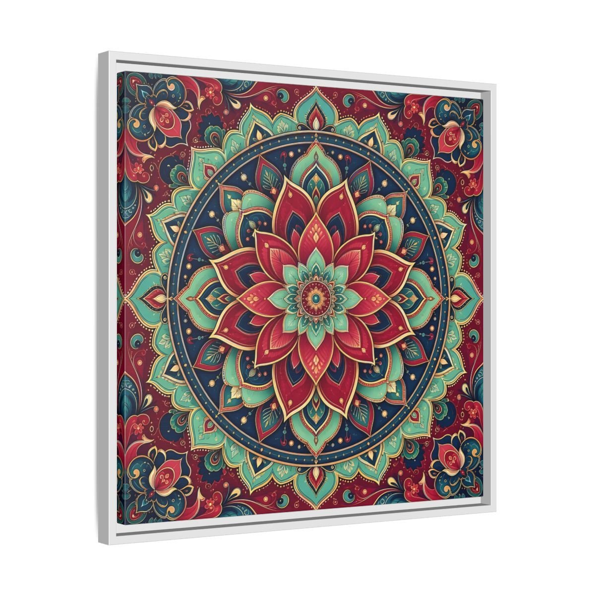 Floral Mandala Red Teal Framed Canvas Print Wall Art – Bohemian Living Room, Above Console Table - YesArtYes