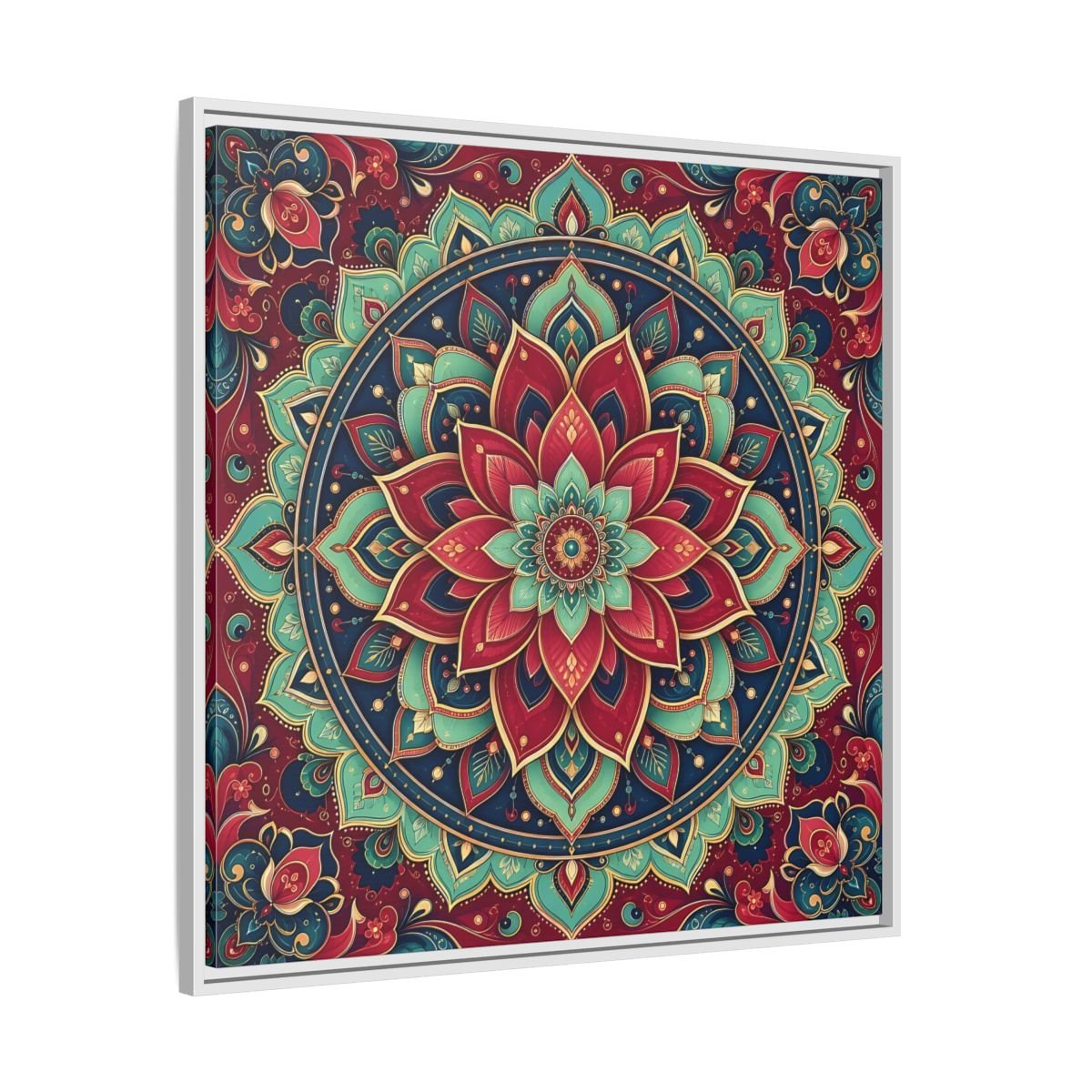 Floral Mandala Red Teal Framed Canvas Print Wall Art – Bohemian Living Room, Above Console Table - YesArtYes