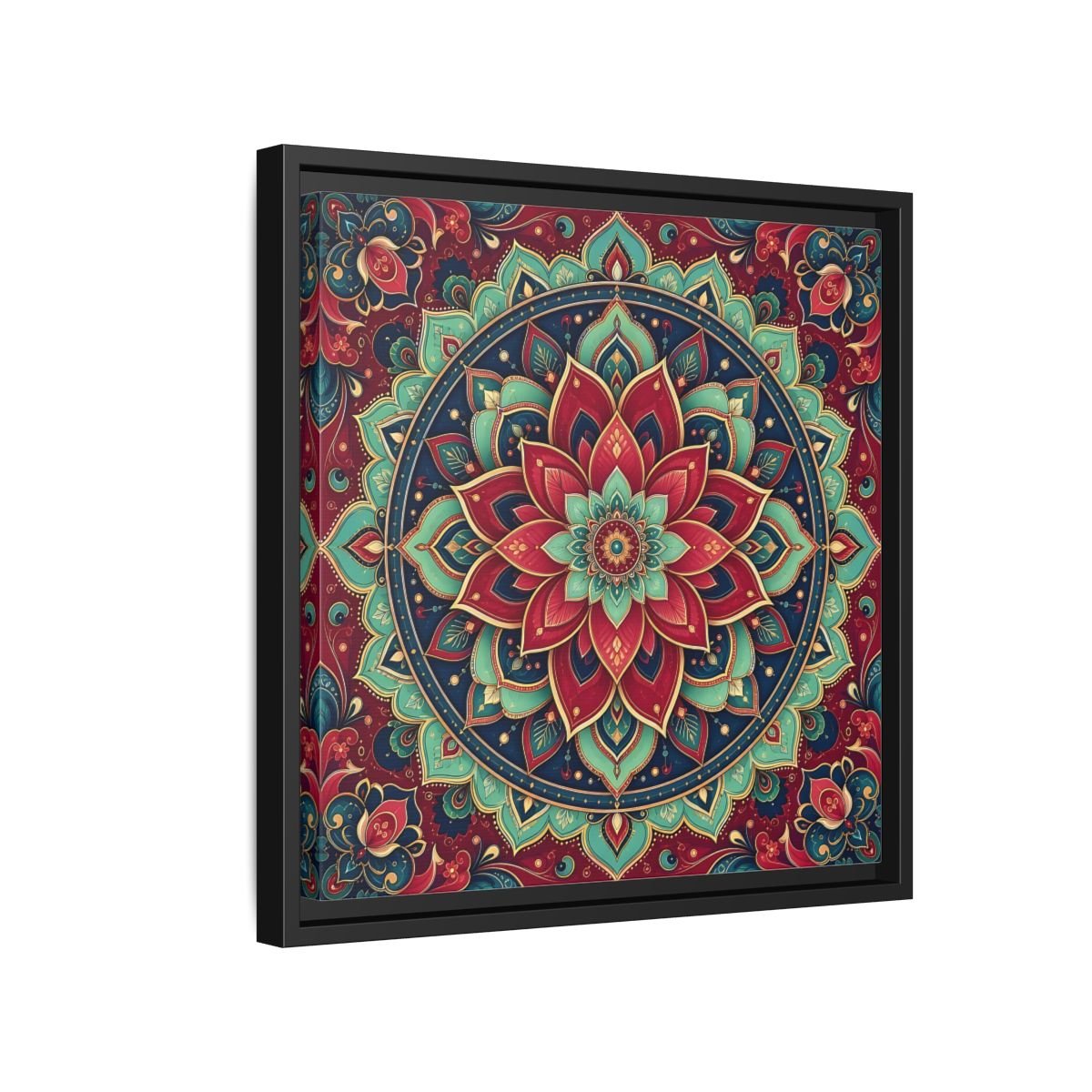 Floral Mandala Red Teal Framed Canvas Print Wall Art – Bohemian Living Room, Above Console Table - YesArtYes