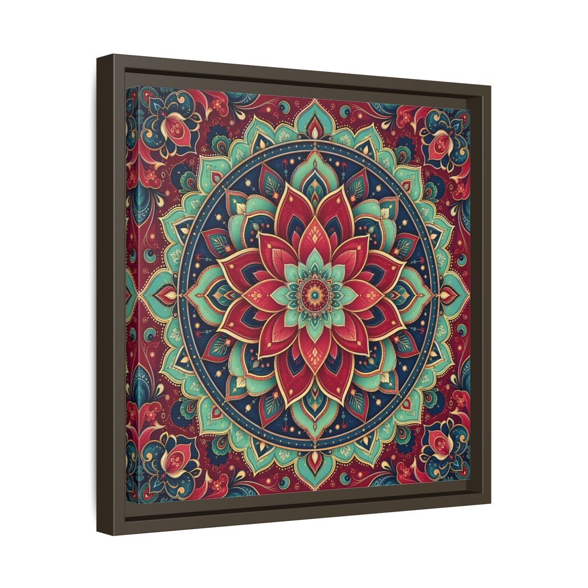Floral Mandala Red Teal Framed Canvas Print Wall Art – Bohemian Living Room, Above Console Table - YesArtYes