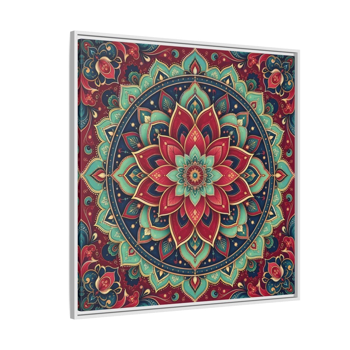 Floral Mandala Red Teal Framed Canvas Print Wall Art – Bohemian Living Room, Above Console Table - YesArtYes