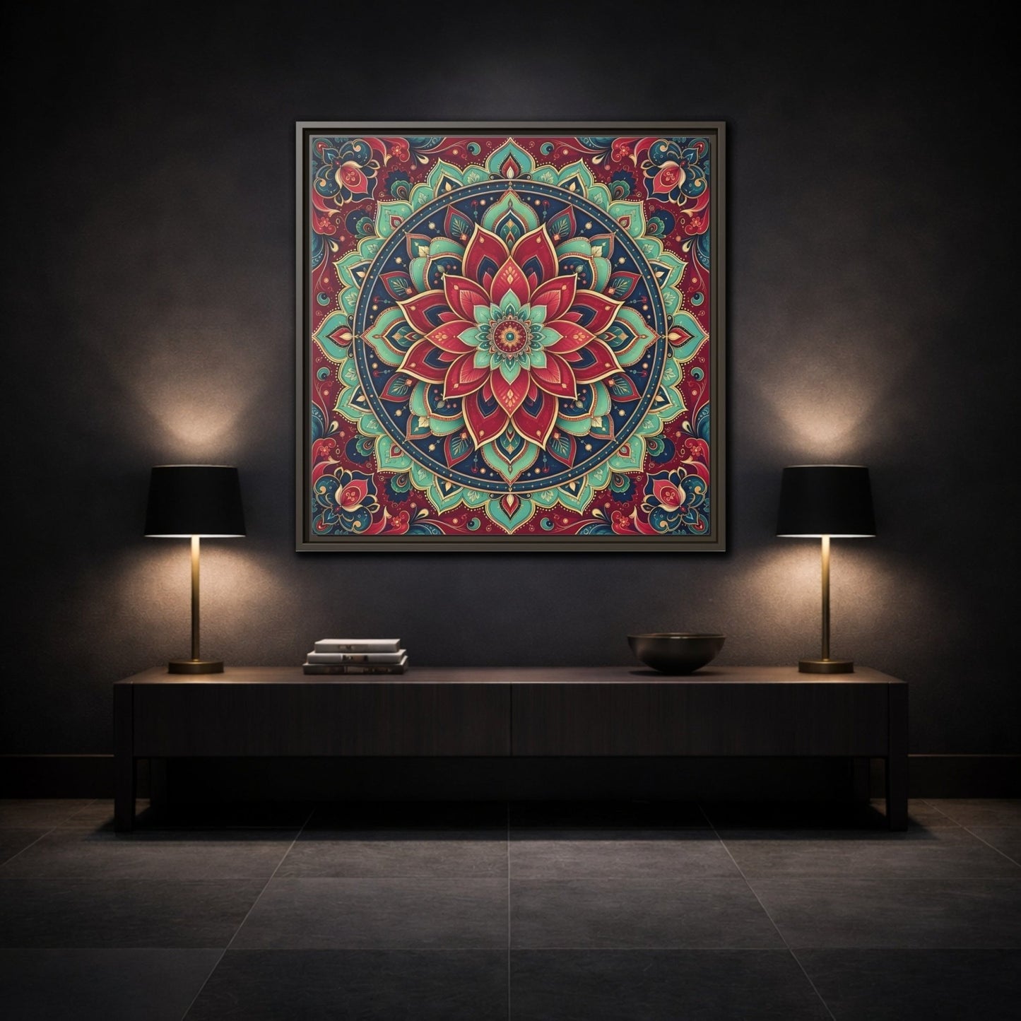 Floral Mandala Red Teal Framed Canvas Print Wall Art – Bohemian Living Room, Above Console Table - YesArtYes