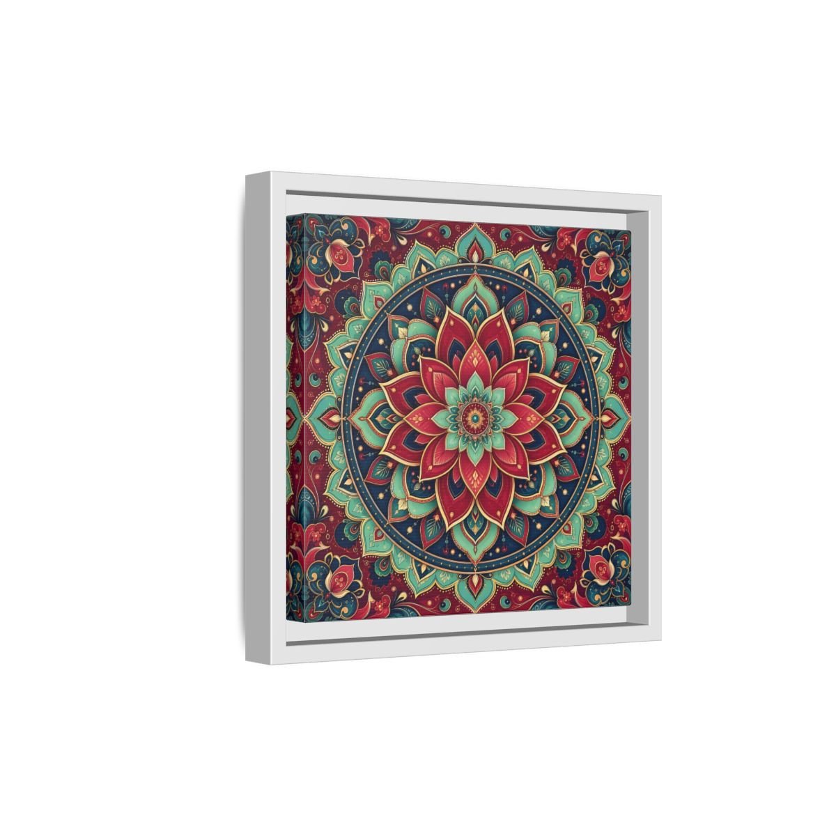 Floral Mandala Red Teal Framed Canvas Print Wall Art – Bohemian Living Room, Above Console Table - YesArtYes