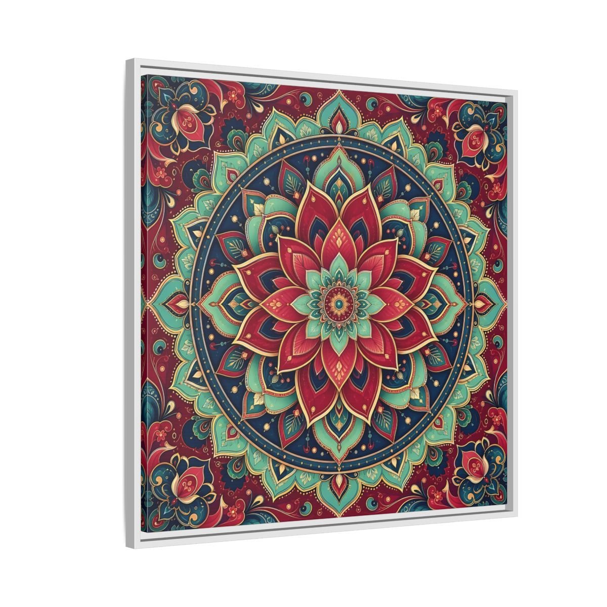 Floral Mandala Red Teal Framed Canvas Print Wall Art – Bohemian Living Room, Above Console Table - YesArtYes