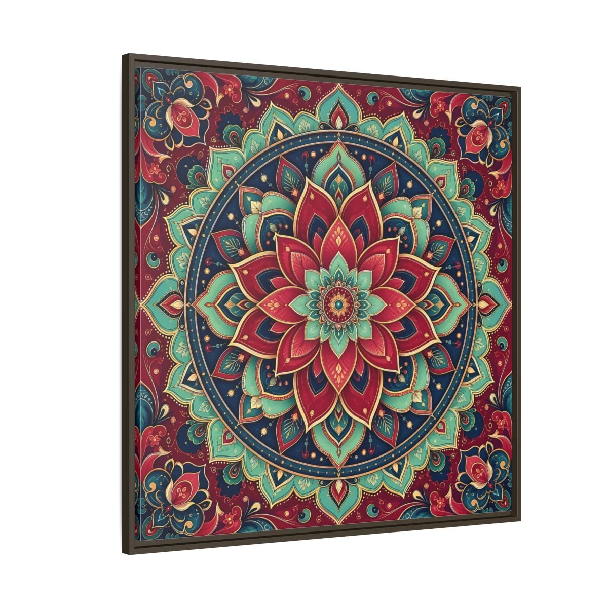 Floral Mandala Red Teal Framed Canvas Print Wall Art – Bohemian Living Room, Above Console Table - YesArtYes