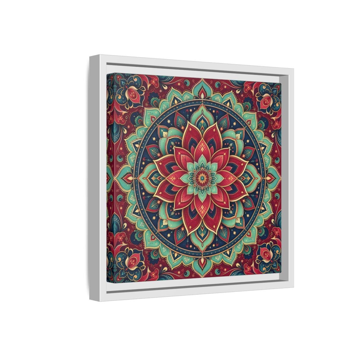 Floral Mandala Red Teal Framed Canvas Print Wall Art – Bohemian Living Room, Above Console Table - YesArtYes