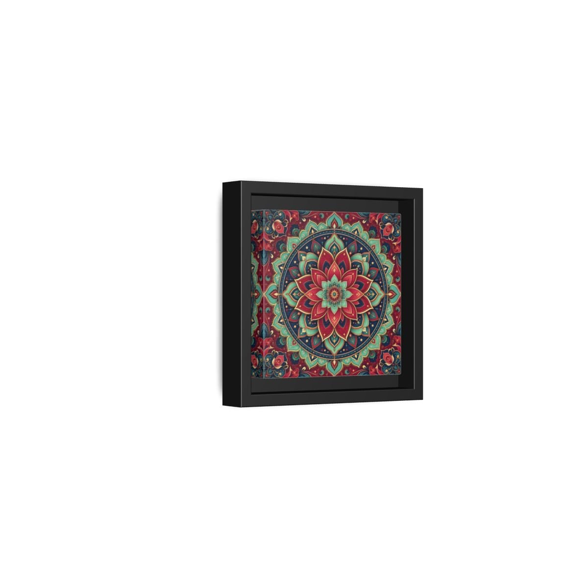 Floral Mandala Red Teal Framed Canvas Print Wall Art – Bohemian Living Room, Above Console Table - YesArtYes