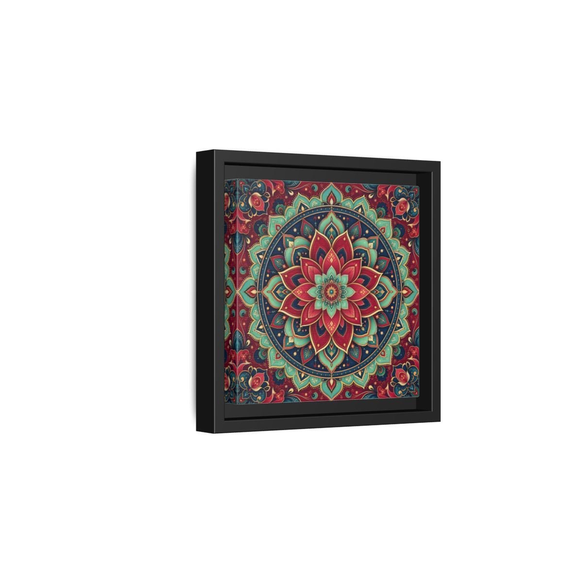 Floral Mandala Red Teal Framed Canvas Print Wall Art – Bohemian Living Room, Above Console Table - YesArtYes