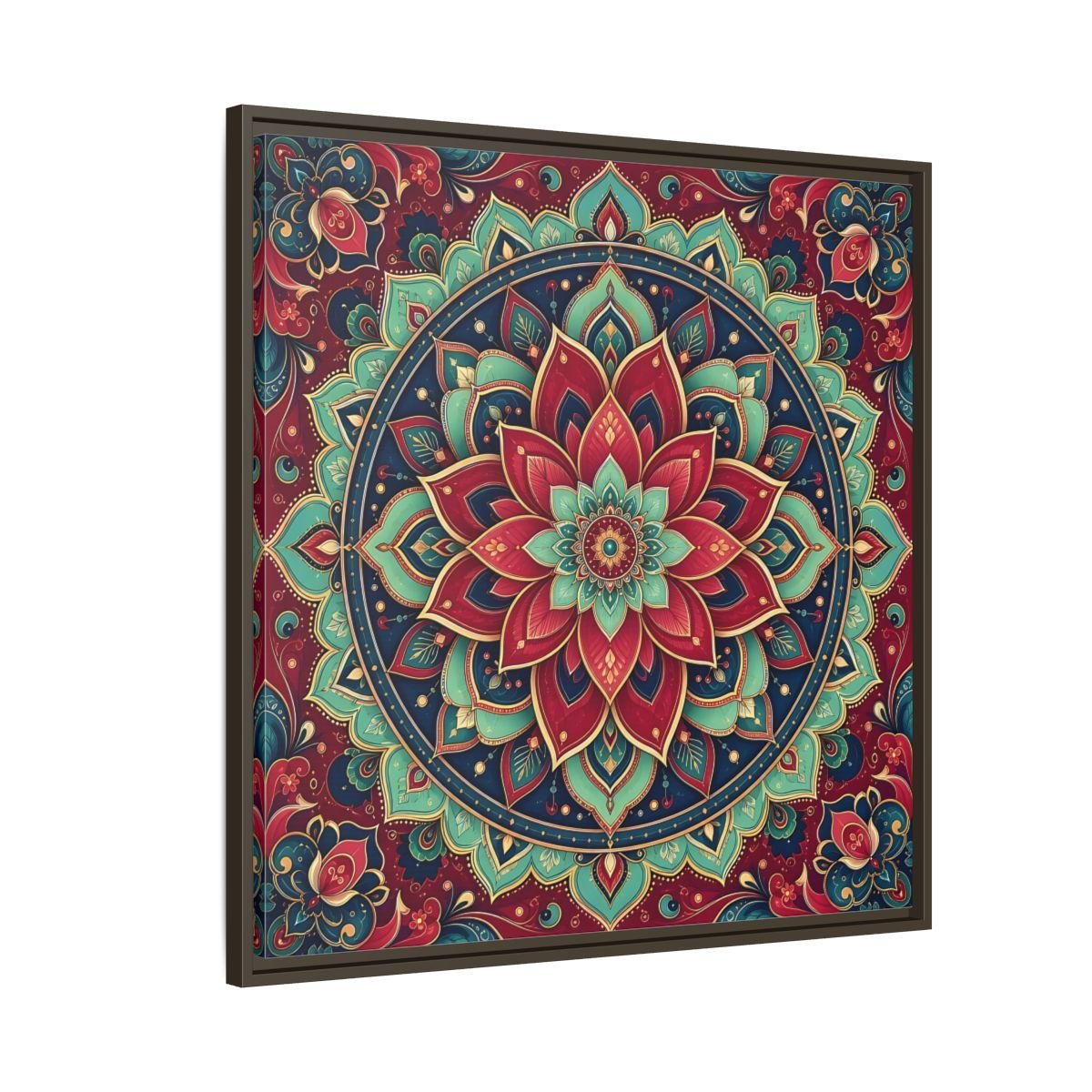 Floral Mandala Red Teal Framed Canvas Print Wall Art – Bohemian Living Room, Above Console Table - YesArtYes