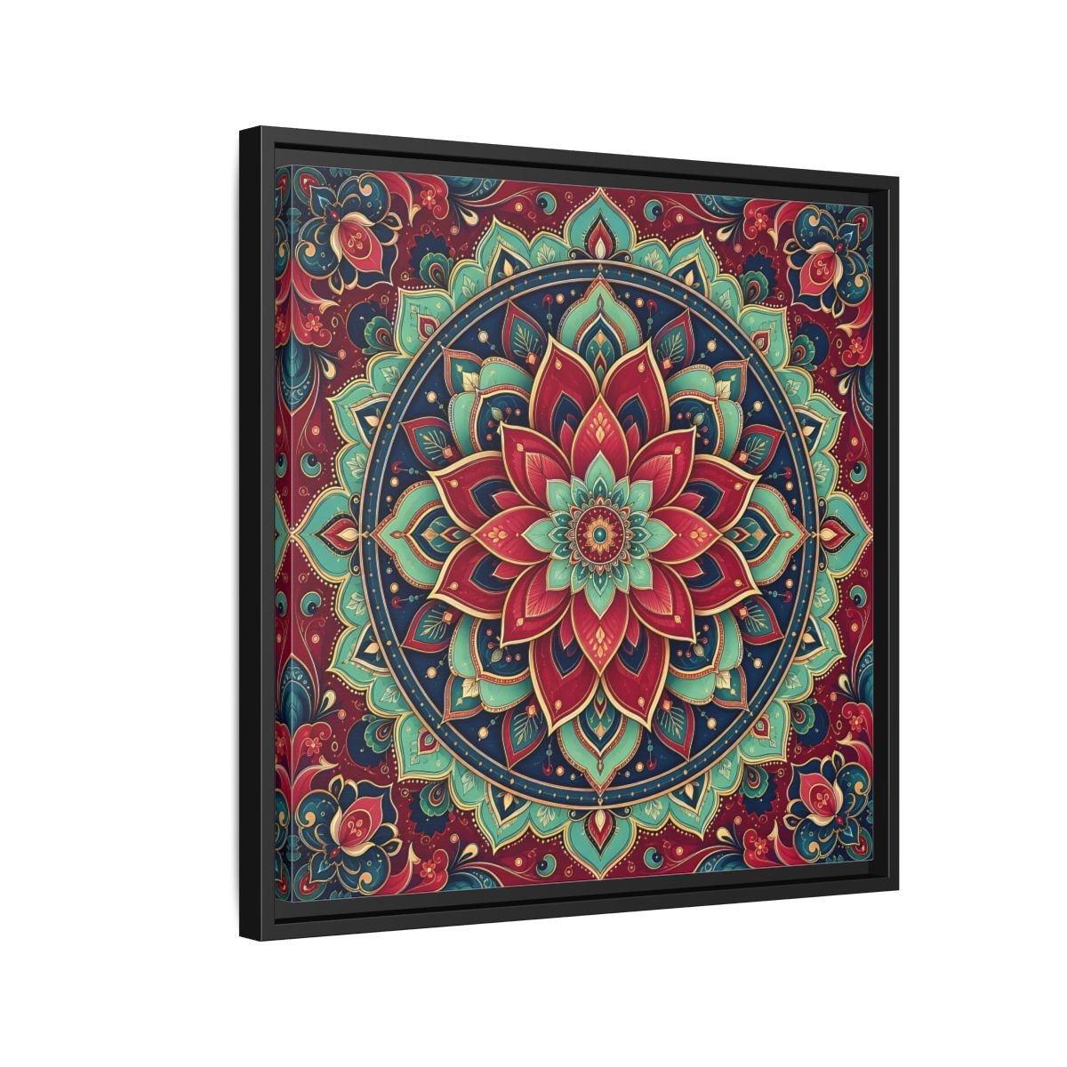 Floral Mandala Red Teal Framed Canvas Print Wall Art – Bohemian Living Room, Above Console Table - YesArtYes
