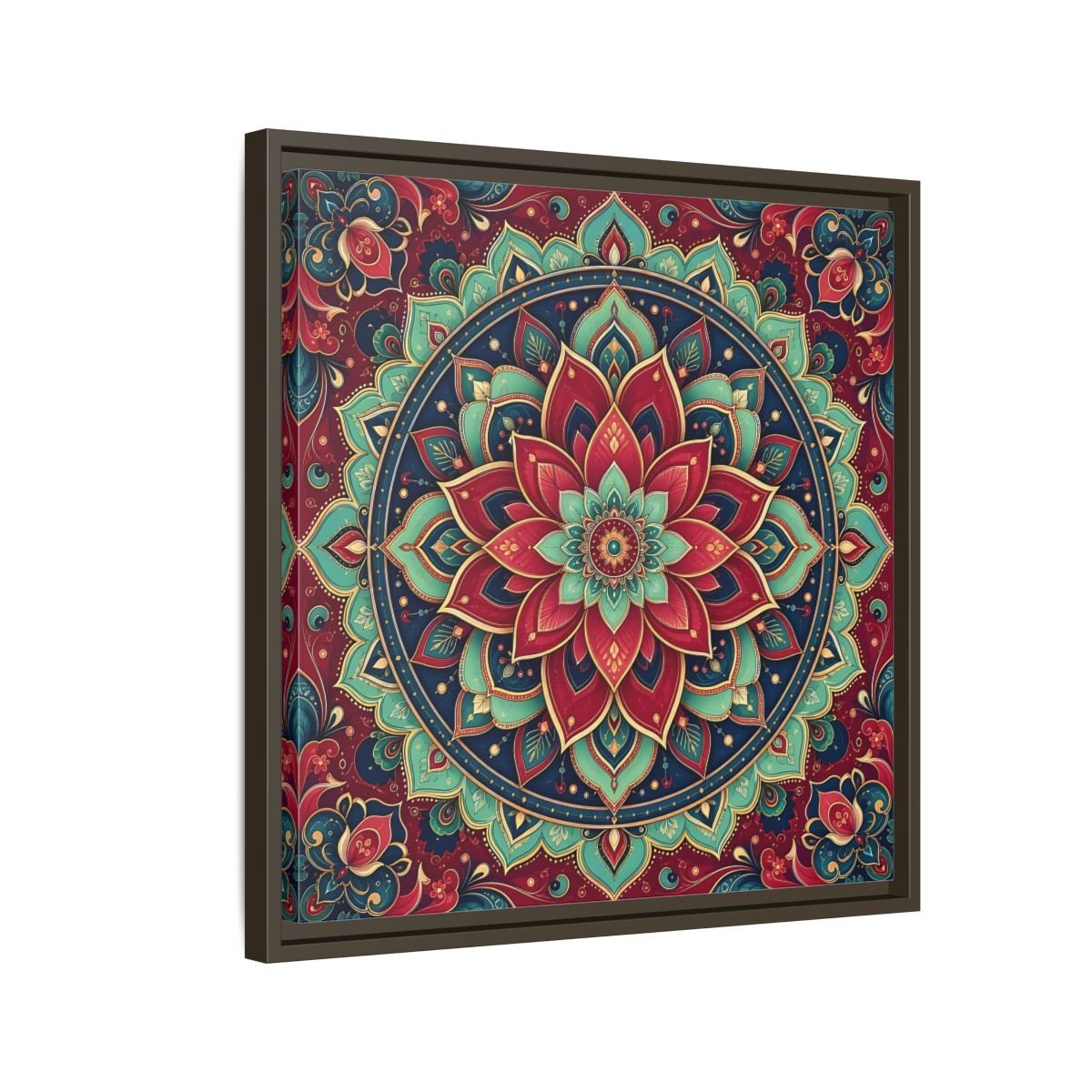 Floral Mandala Red Teal Framed Canvas Print Wall Art – Bohemian Living Room, Above Console Table - YesArtYes