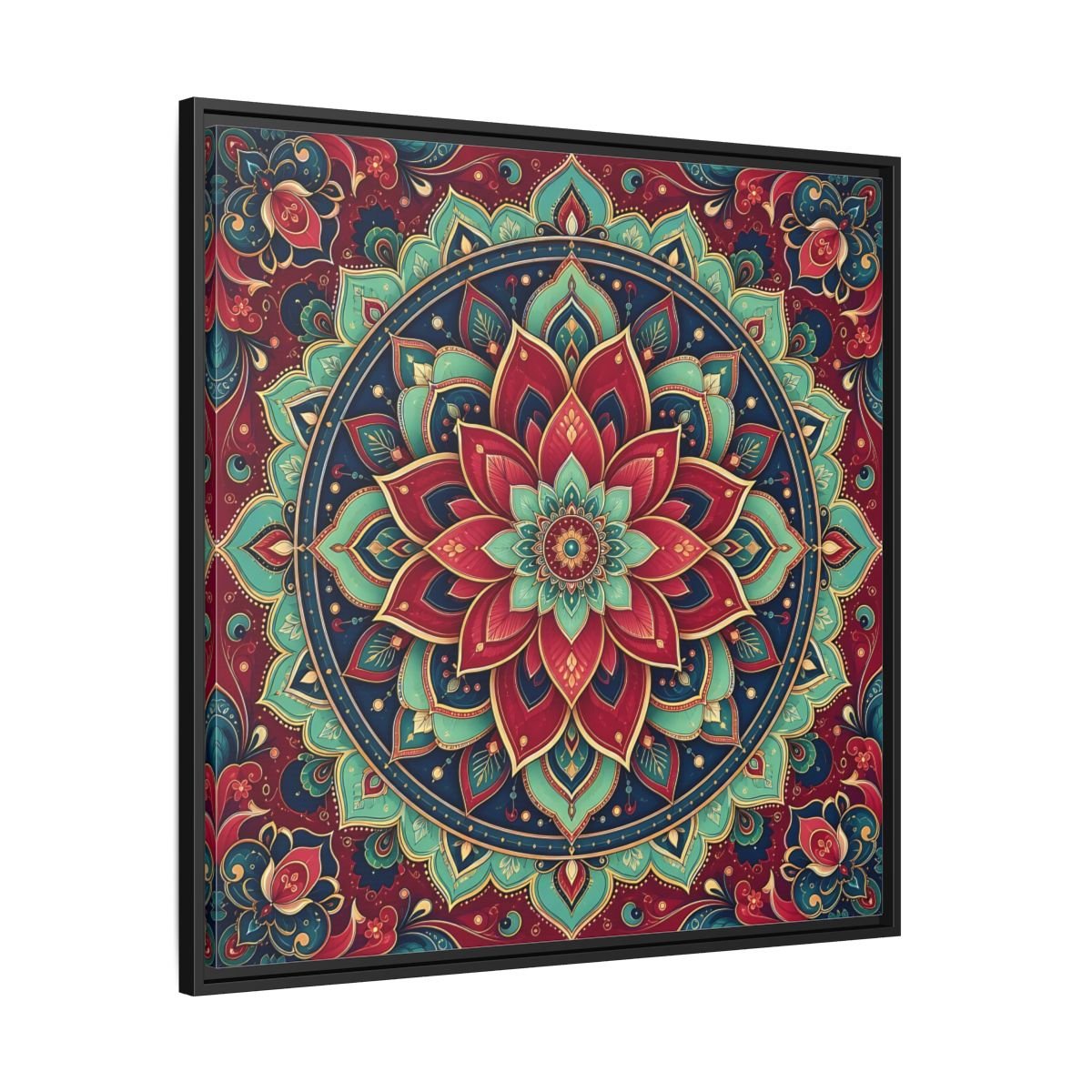 Floral Mandala Red Teal Framed Canvas Print Wall Art – Bohemian Living Room, Above Console Table - YesArtYes