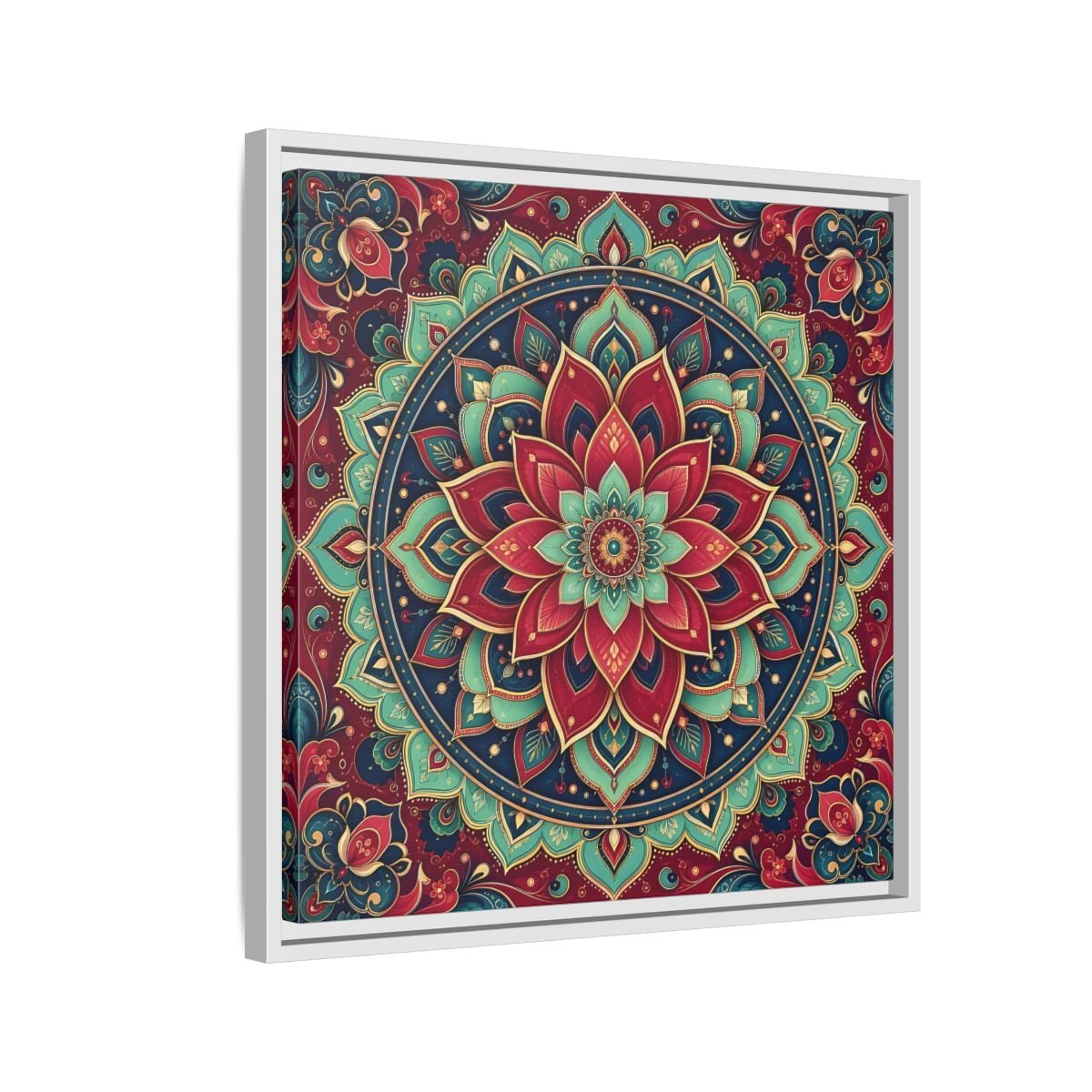 Floral Mandala Red Teal Framed Canvas Print Wall Art – Bohemian Living Room, Above Console Table - YesArtYes