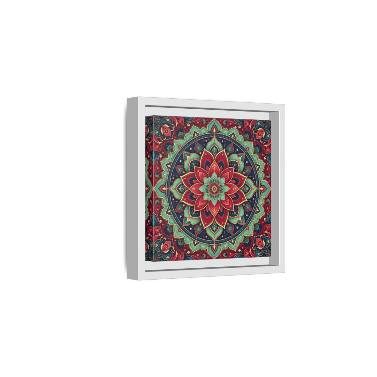Side Mockup 1. Floral Floral Mandala Red Teal Mandala shown as framed canvas print