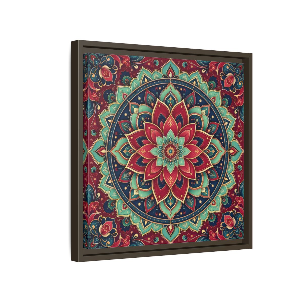 Side Mockup 14. Floral Floral Mandala Red Teal Mandala shown as framed canvas print