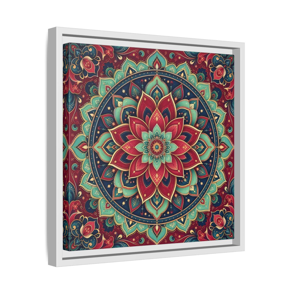 Side Mockup 28. Floral Floral Mandala Red Teal Mandala shown as framed canvas print