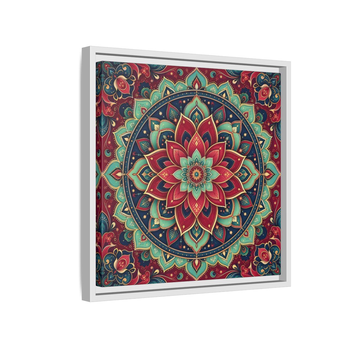 Side Mockup 13. Floral Floral Mandala Red Teal Mandala shown as framed canvas print