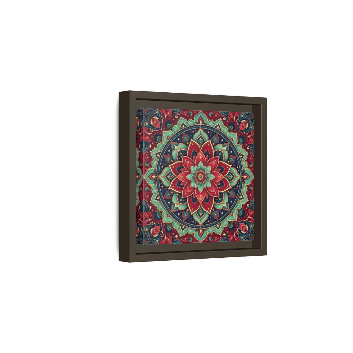 Side Mockup 2. Floral Floral Mandala Red Teal Mandala shown as framed canvas print