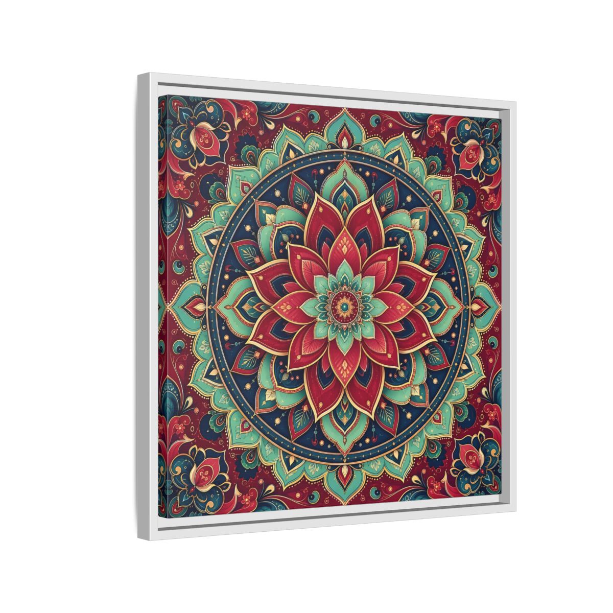 Side Mockup 10. Floral Floral Mandala Red Teal Mandala shown as framed canvas print