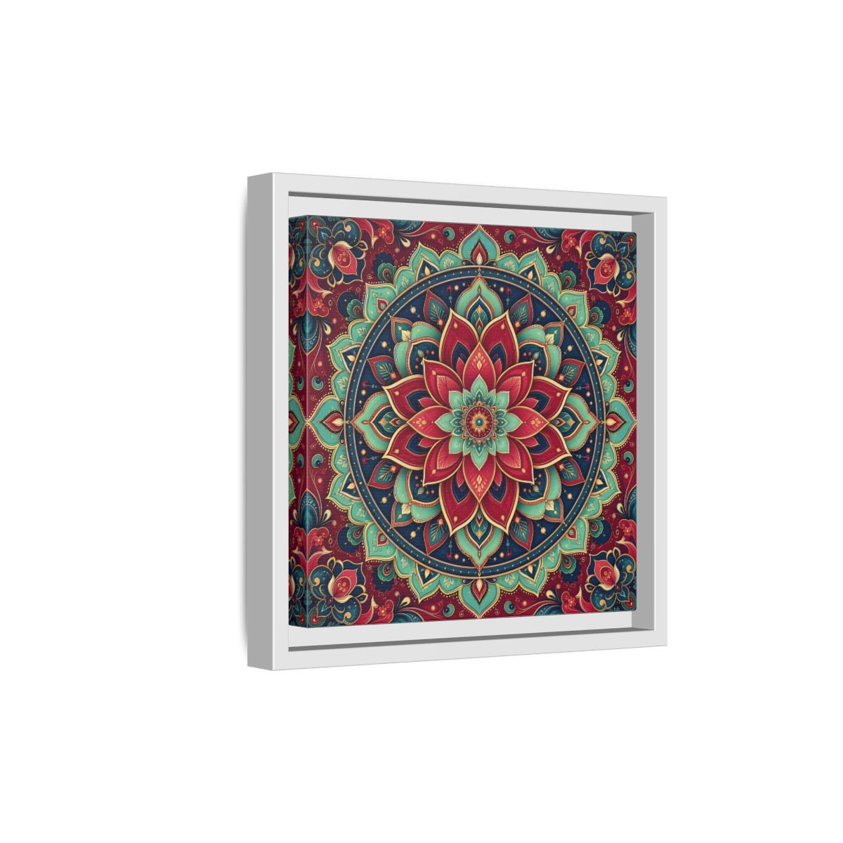 Side Mockup 19. Floral Floral Mandala Red Teal Mandala shown as framed canvas print