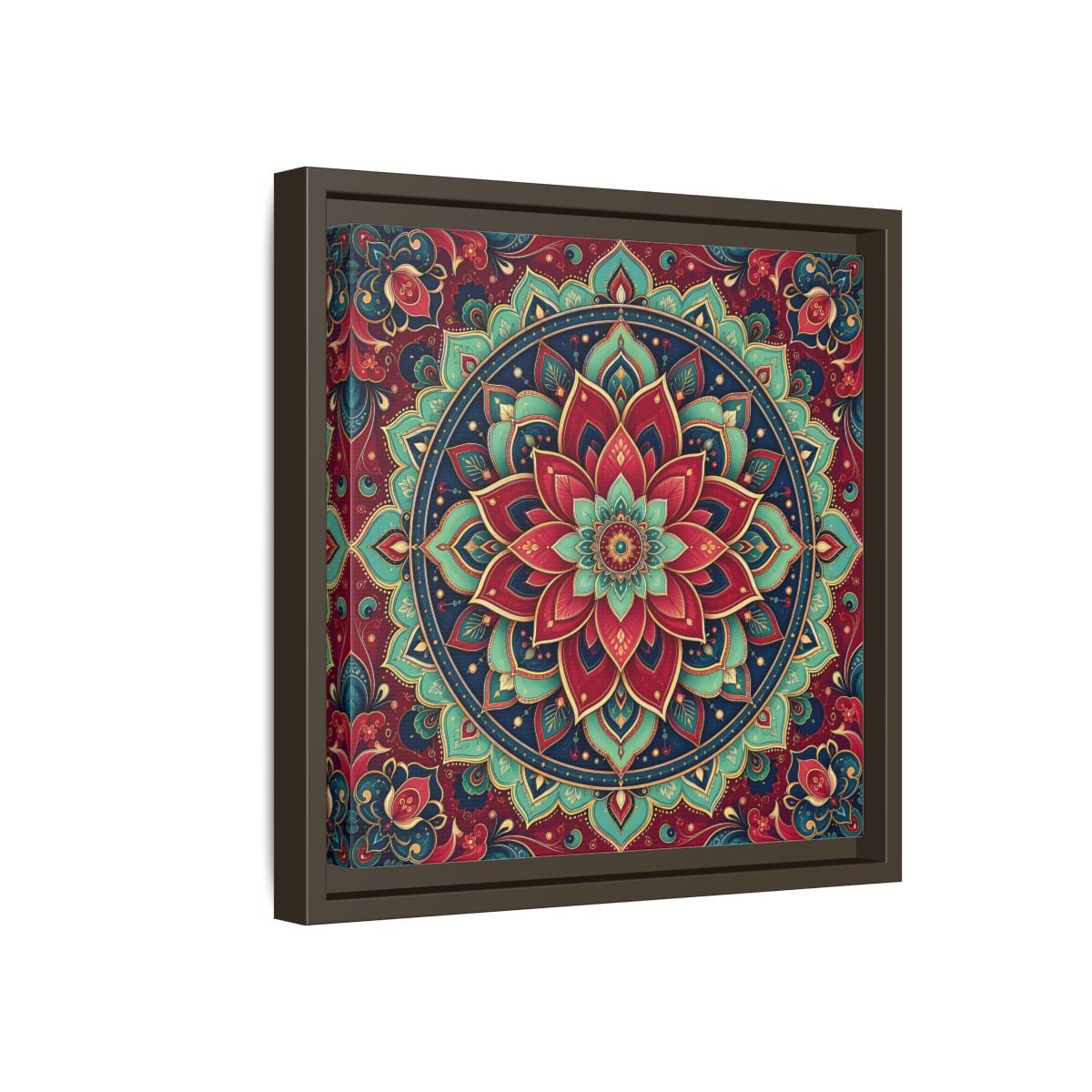 Side Mockup 17. Floral Floral Mandala Red Teal Mandala shown as framed canvas print