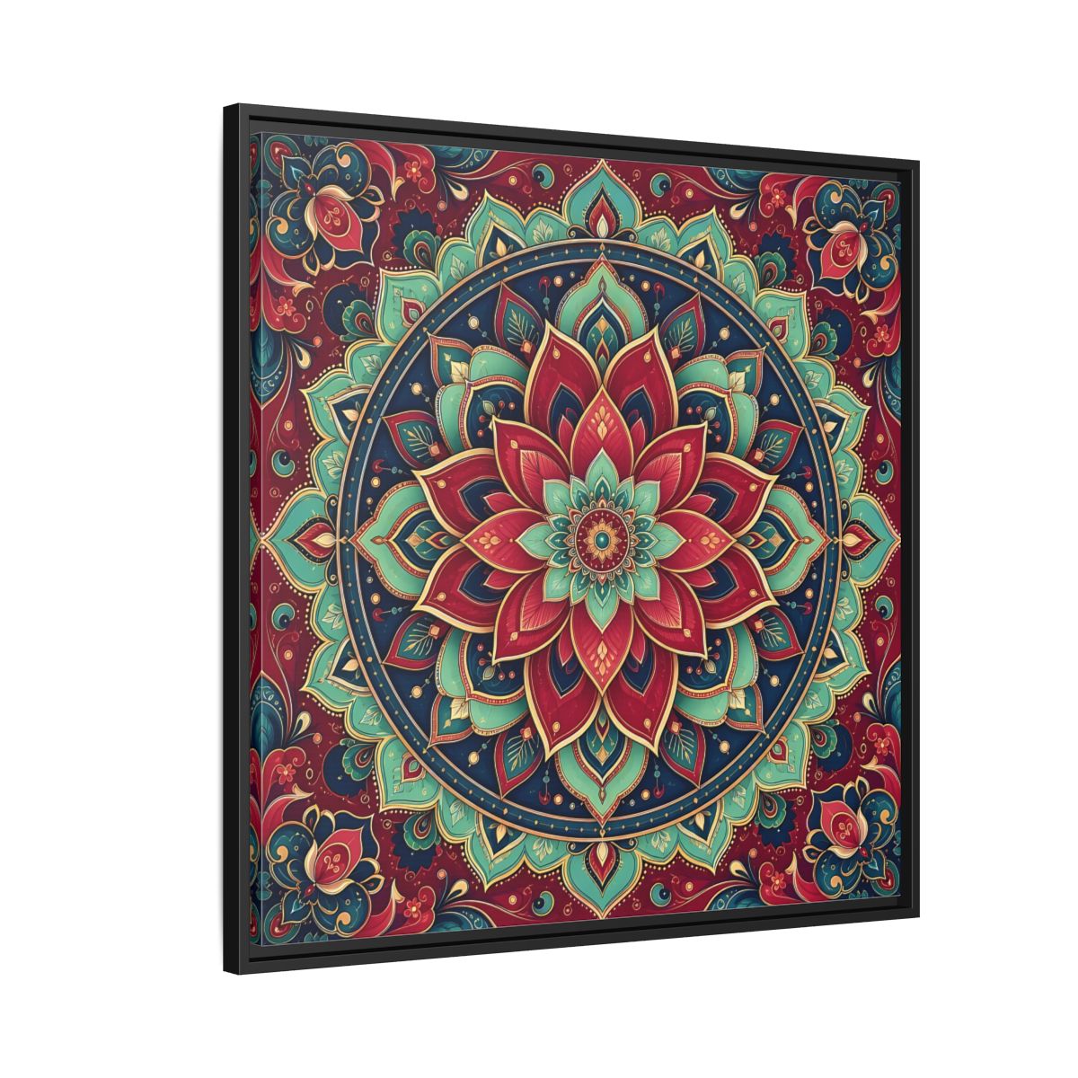 Side Mockup 9. Floral Floral Mandala Red Teal Mandala shown as framed canvas print