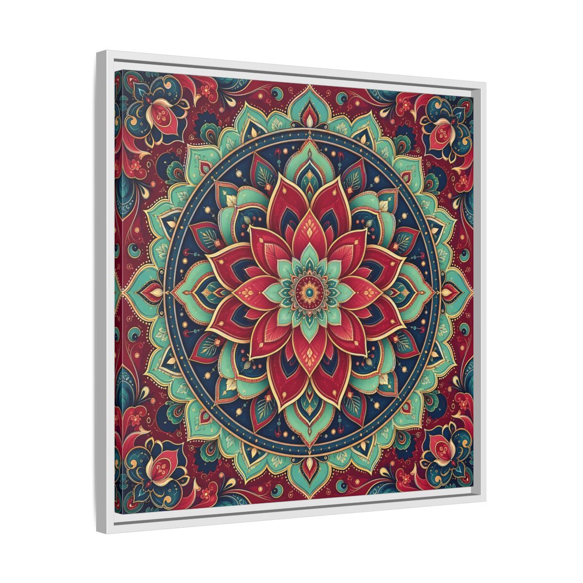 Side Mockup 26. Floral Floral Mandala Red Teal Mandala shown as framed canvas print