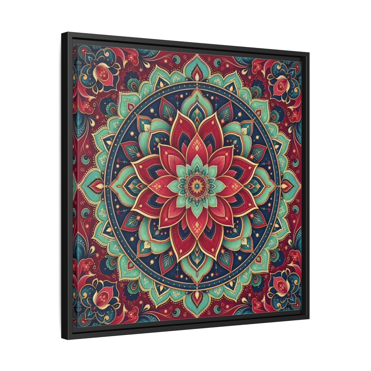 Side Mockup 31. Floral Floral Mandala Red Teal Mandala shown as framed canvas print