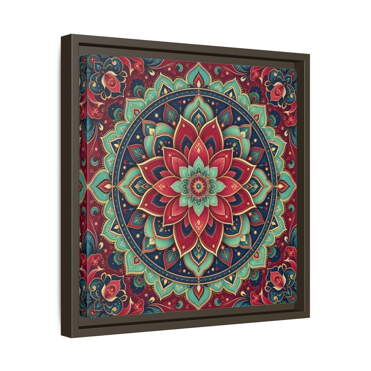 Side Mockup 29. Floral Floral Mandala Red Teal Mandala shown as framed canvas print