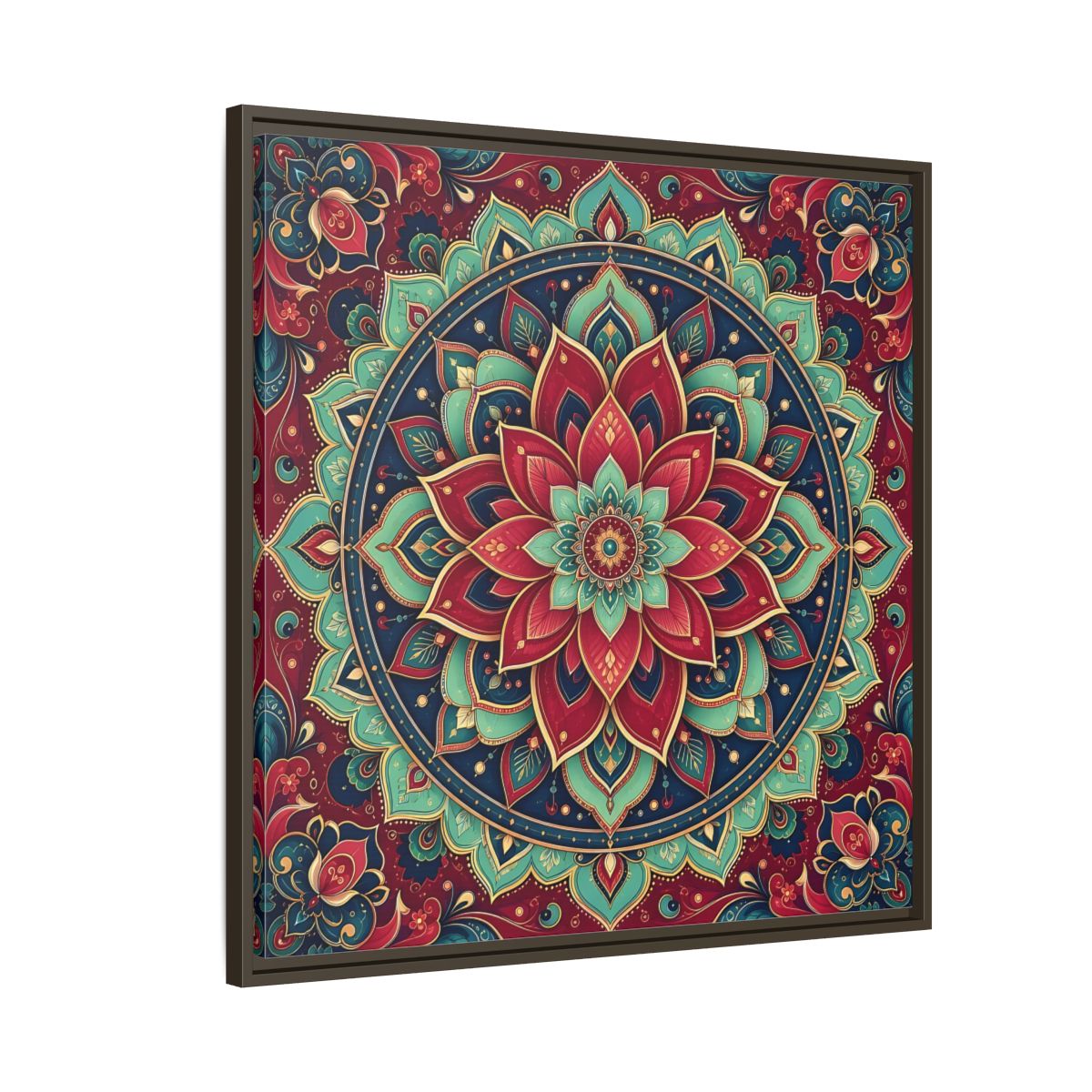 Side Mockup 8. Floral Floral Mandala Red Teal Mandala shown as framed canvas print