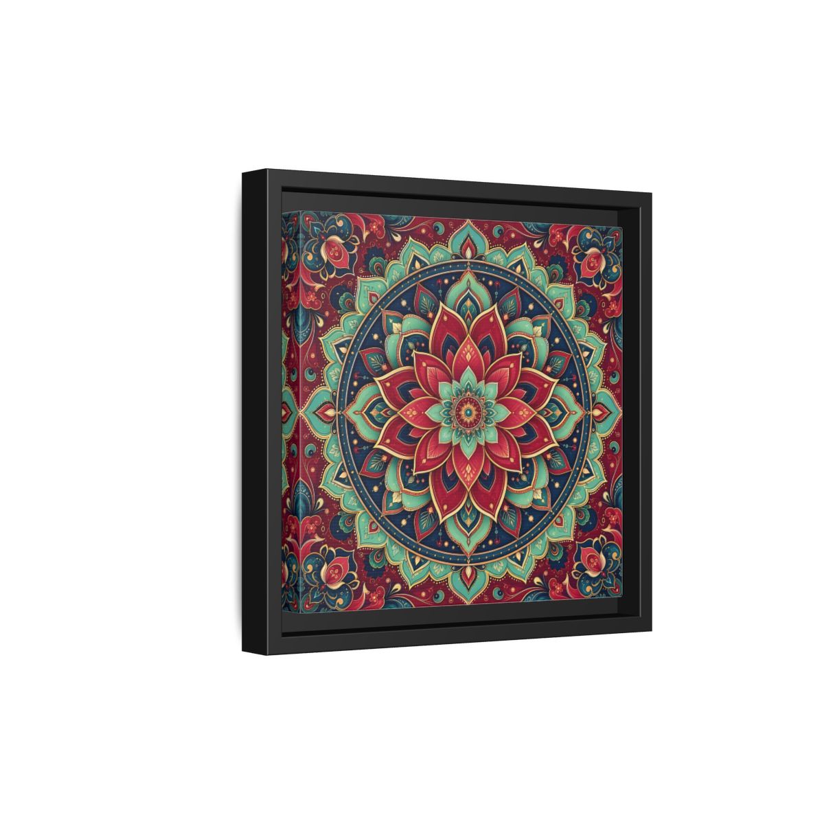 Side Mockup 21. Floral Floral Mandala Red Teal Mandala shown as framed canvas print