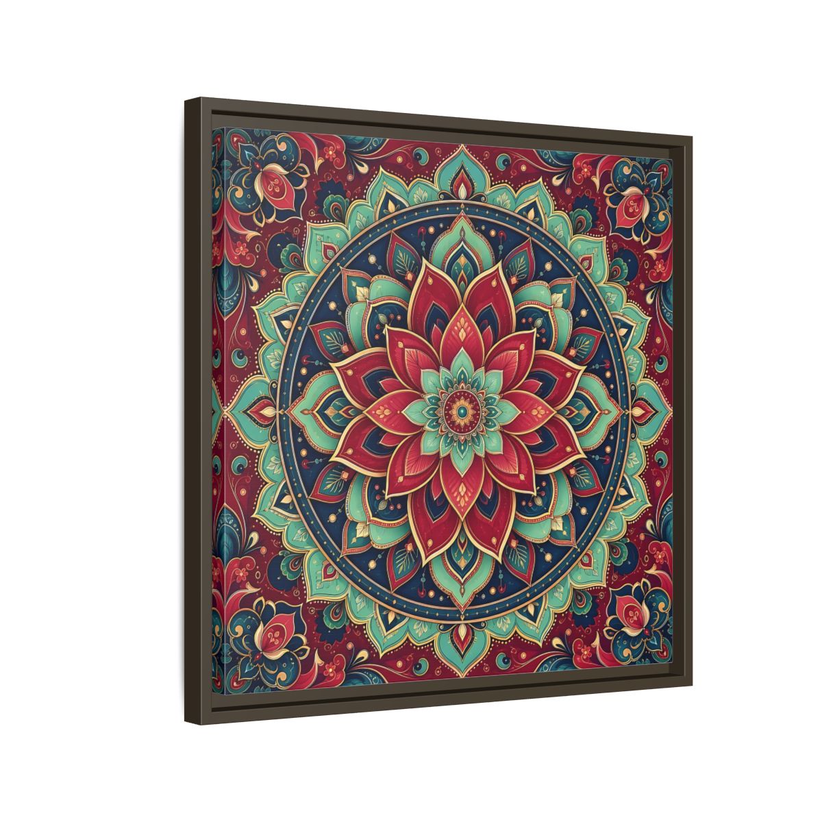 Side Mockup 11. Floral Floral Mandala Red Teal Mandala shown as framed canvas print