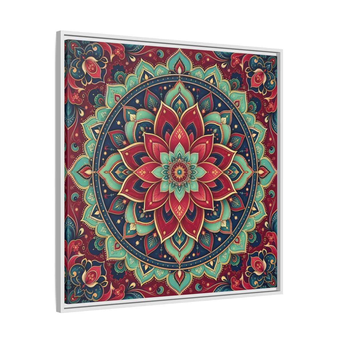 Side Mockup 25. Floral Floral Mandala Red Teal Mandala shown as framed canvas print