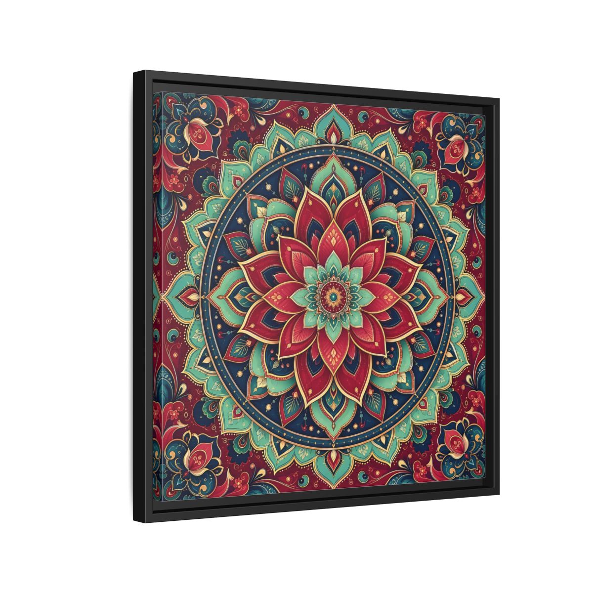 Side Mockup 12. Floral Floral Mandala Red Teal Mandala shown as framed canvas print