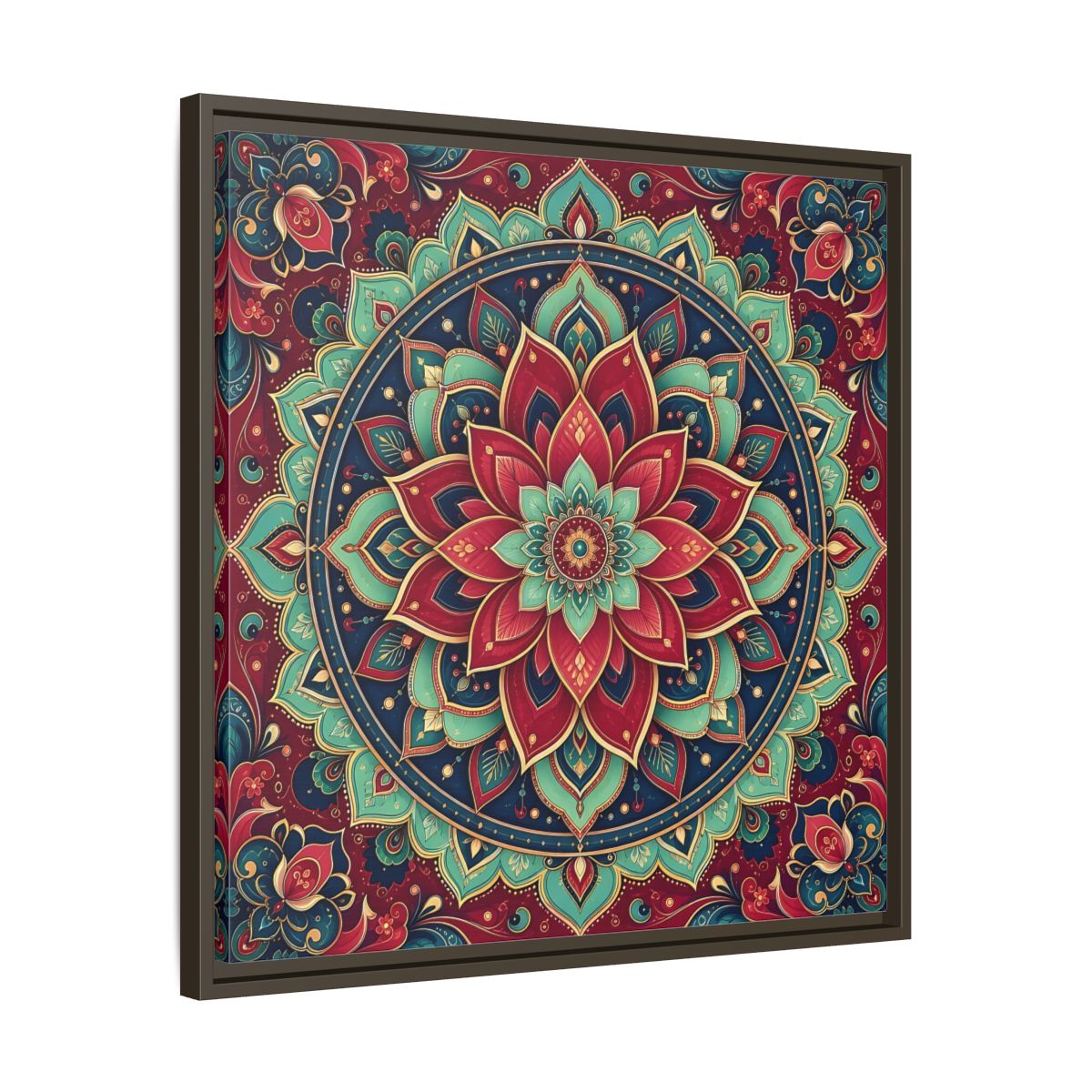 Side Mockup 27. Floral Floral Mandala Red Teal Mandala shown as framed canvas print